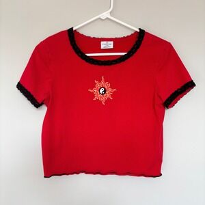 Empyre Women's Large Top Cropped Yin Yang Black Lace Trim 90s Punk Red